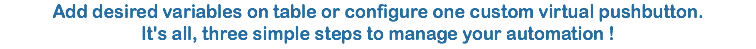 Add desired variables on table or configure one custom virtual pushbutton.
It's all, three simple steps to manage your automation !